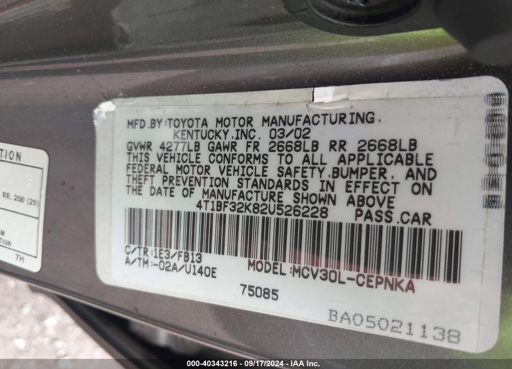 2002 TOYOTA CAMRY LE V6 VIN: 4T1BF32K82U526228
