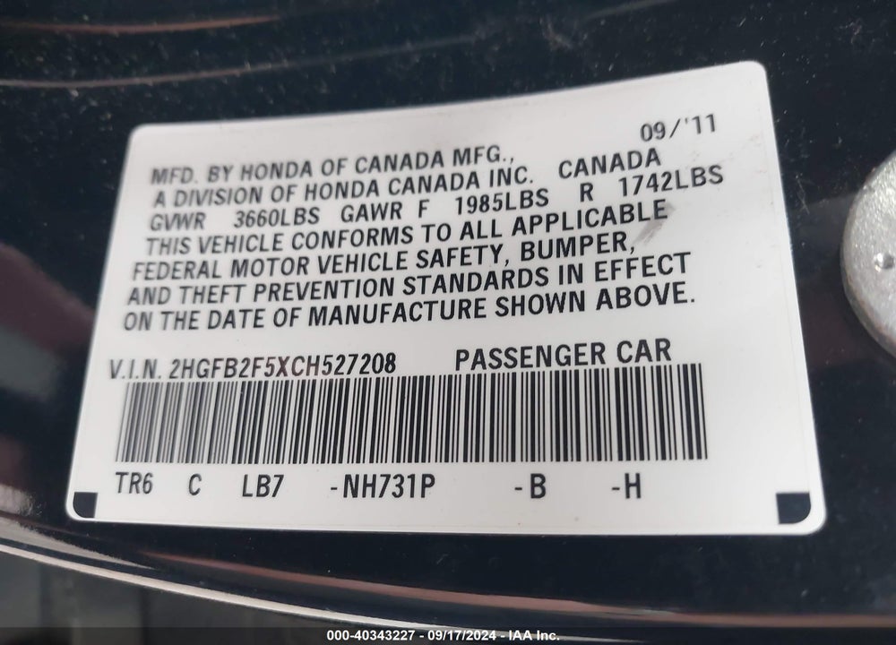 2012 HONDA CIVIC LX VIN: 2HGFB2F5XCH527208