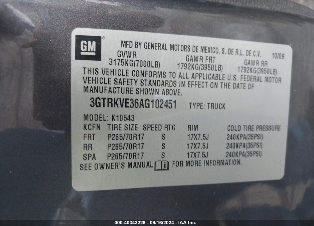 2010 GMC SIERRA 1500 SLE VIN: 3GTRKVE36AG102451