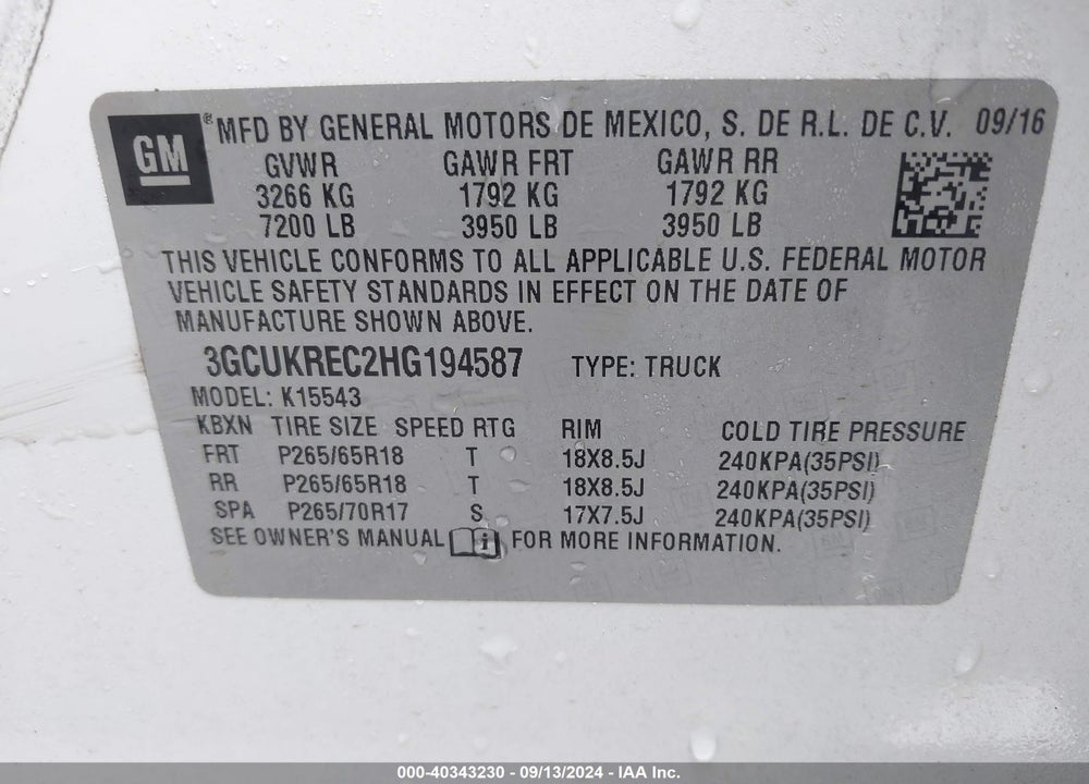 2017 CHEVROLET SILVERADO 1500 2LT VIN: 3GCUKREC2HG194587