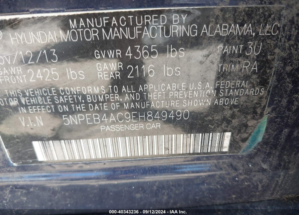 2014 HYUNDAI SONATA GLS VIN: 5NPEB4AC9EH849490