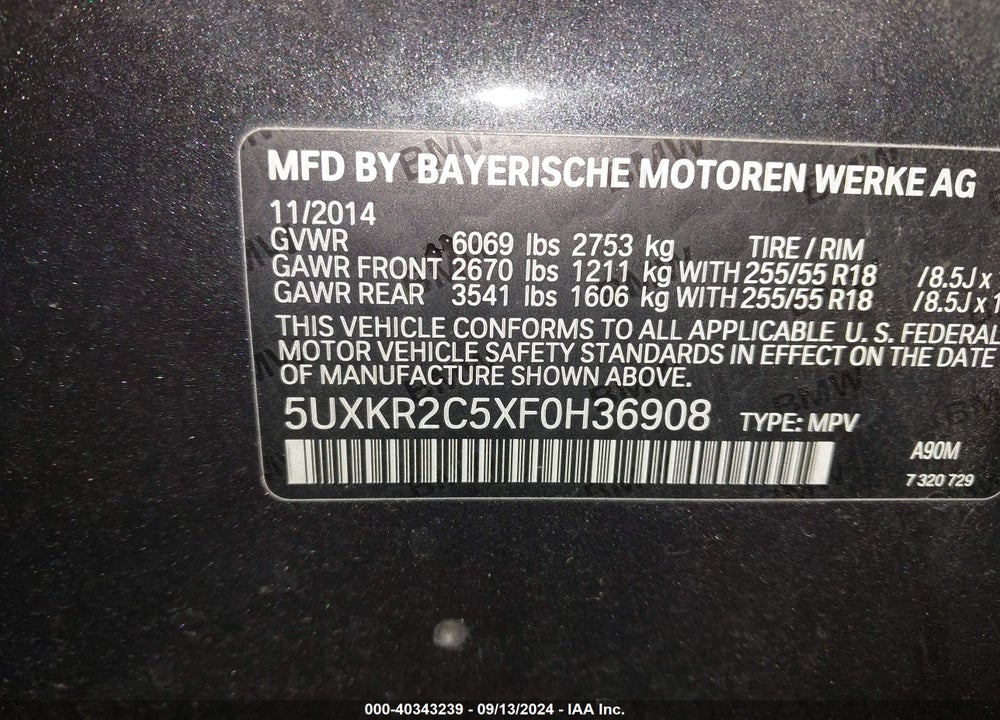 2015 BMW X5 SDRIVE35I VIN: 5UXKR2C5XF0H36908