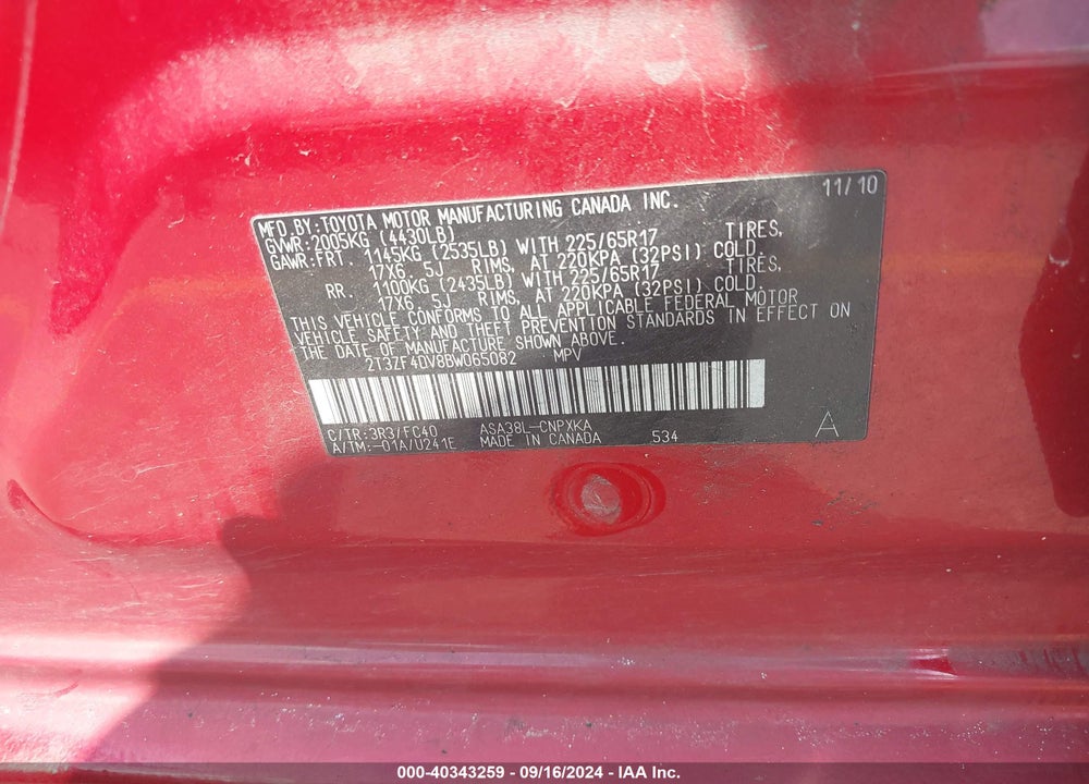 2011 TOYOTA RAV4 BASE (A4) VIN: 2T3ZF4DV8BW065082