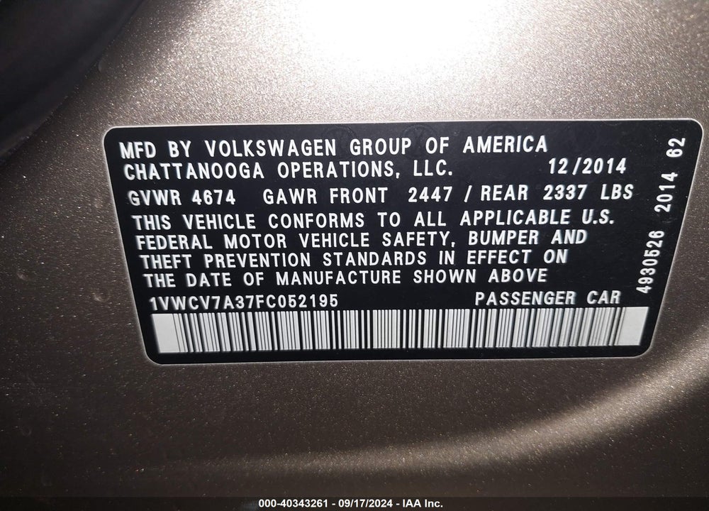 2015 VOLKSWAGEN PASSAT 2.0L TDI SEL PREMIUM VIN: 1VWCV7A37FC052195