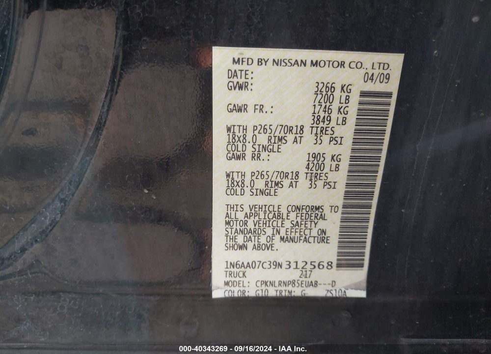 2009 NISSAN TITAN XE VIN: 1N6AA07C39N312568