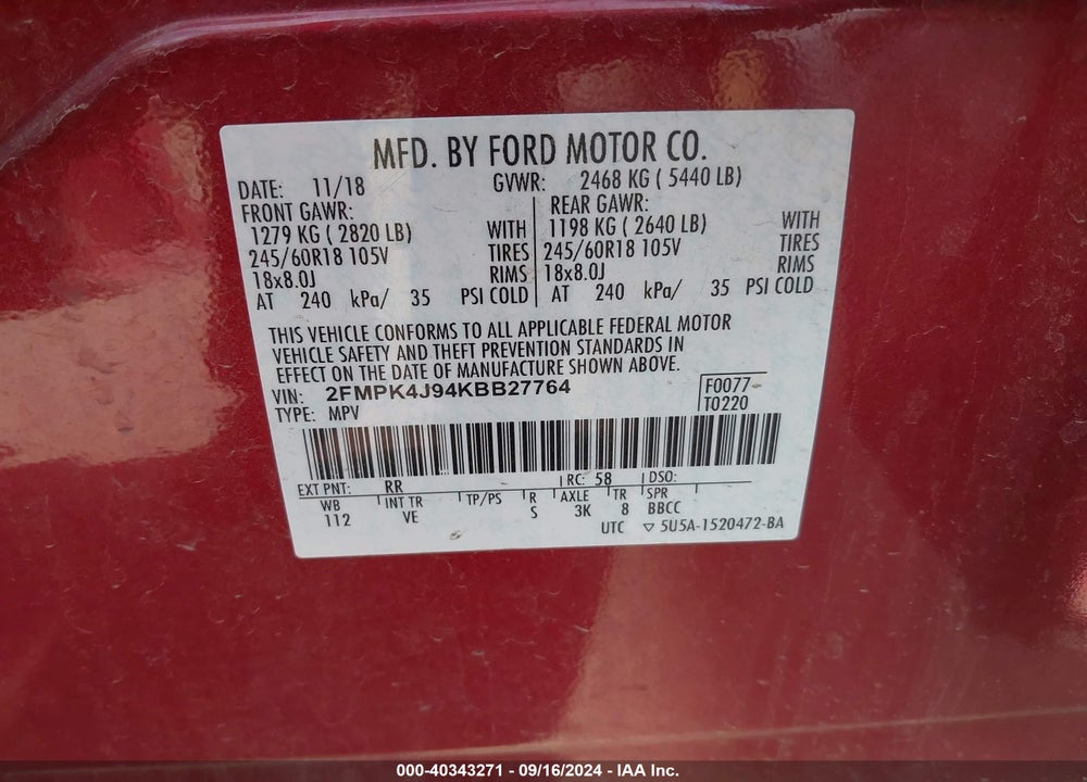 2019 FORD EDGE SEL VIN: 2FMPK4J94KBB27764