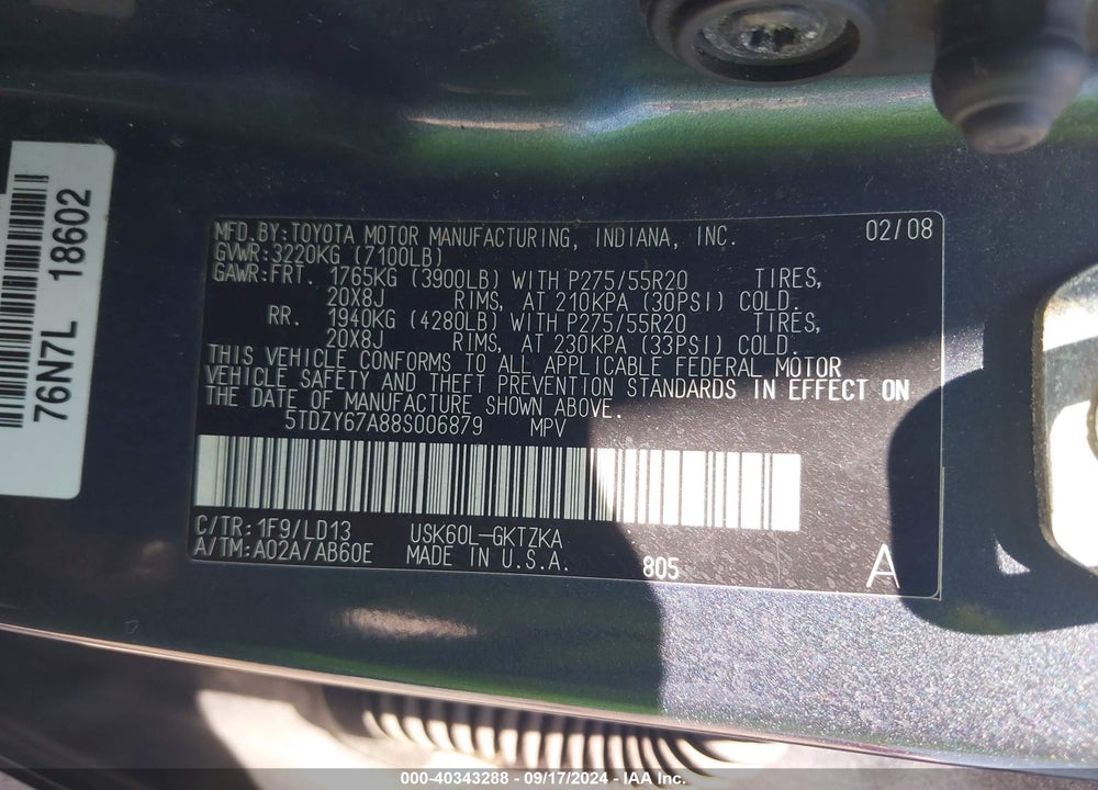 2008 TOYOTA SEQUOIA PLATINUM 5.7L V8 VIN: 5TDZY67A88S006879