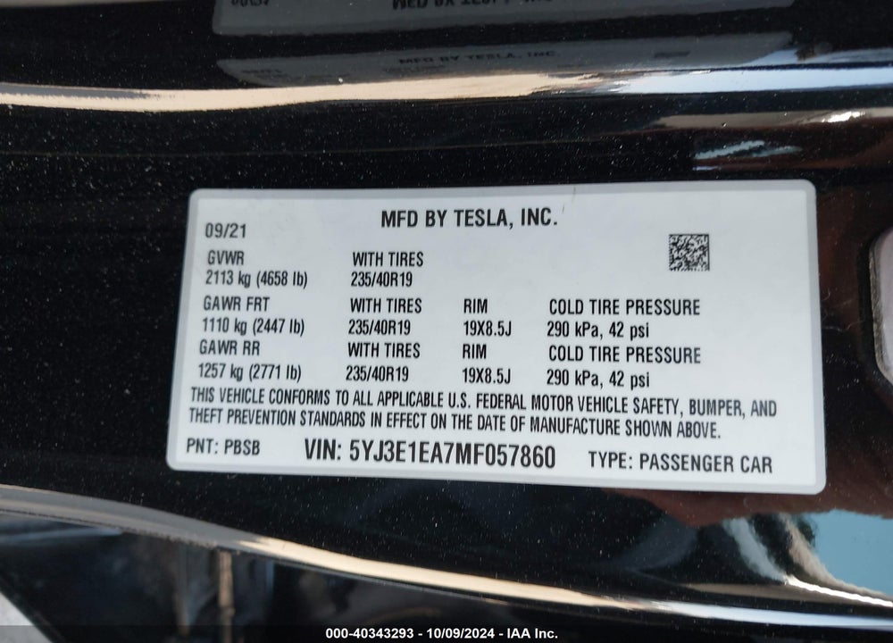 2021 TESLA MODEL 3 STANDARD RANGE PLUS REAR-WHEEL DRIVE VIN: 5YJ3E1EA7MF057860