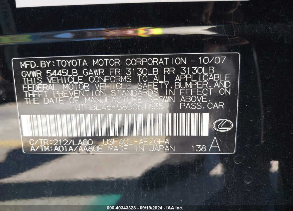 2008 LEXUS LS 460 VIN: JTHBL46F585061635