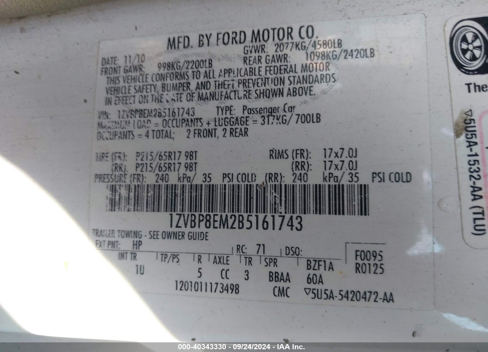 2011 FORD MUSTANG V6 VIN: 1ZVBP8EM2B5161743