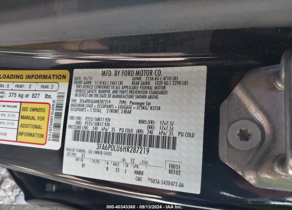 2017 FORD FUSION HYBRID SE VIN: 3FA6P0LU6HR287219