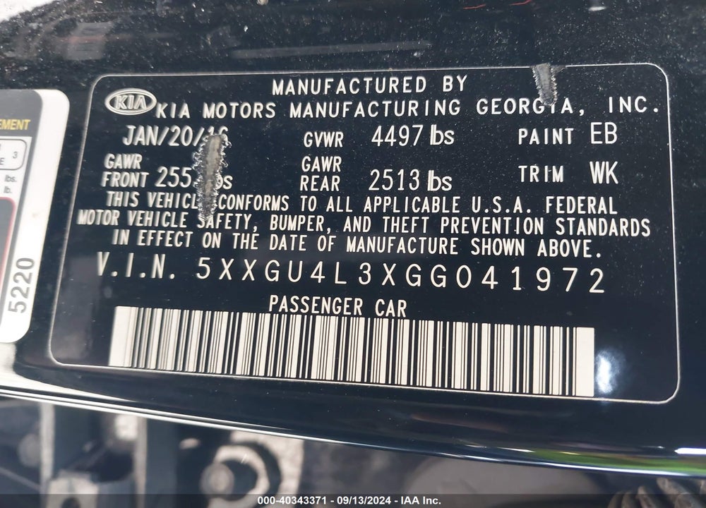2016 KIA OPTIMA EX VIN: 5XXGU4L3XGG041972