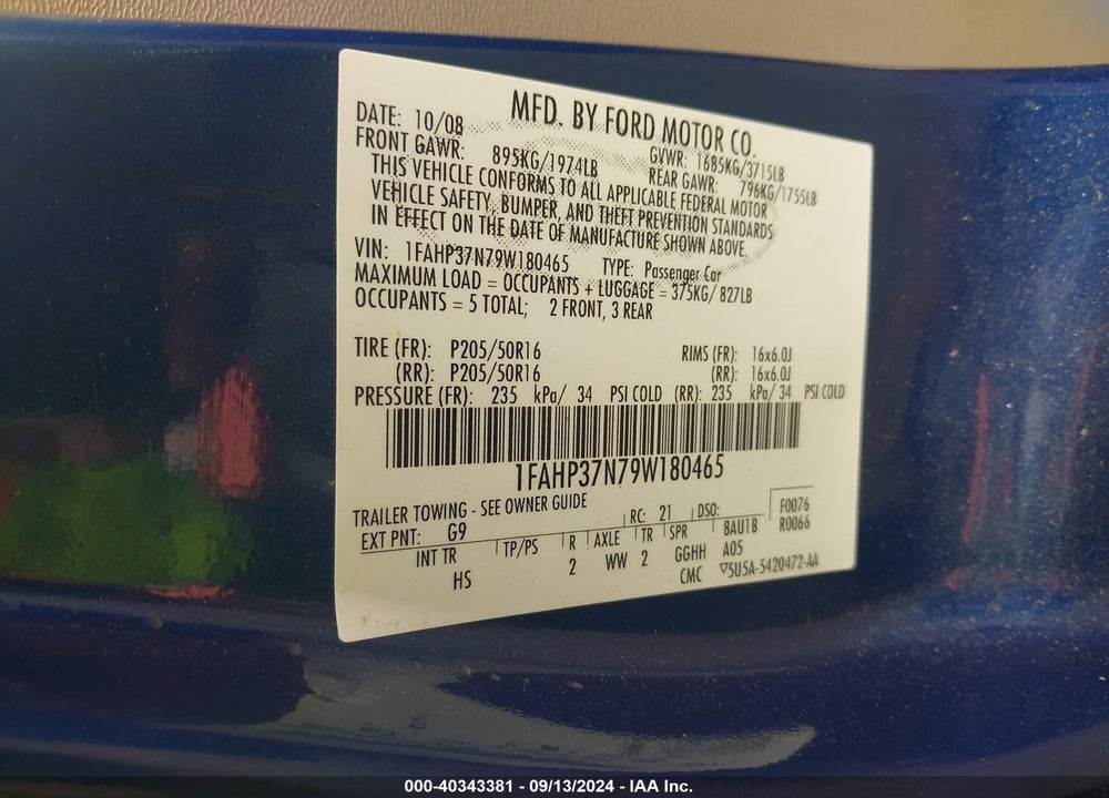 2009 FORD FOCUS SEL VIN: 1FAHP37N79W180465