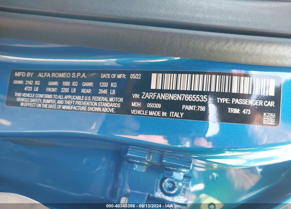 2022 ALFA ROMEO GIULIA VELOCE AWD VIN: ZARFANBN6N7665535