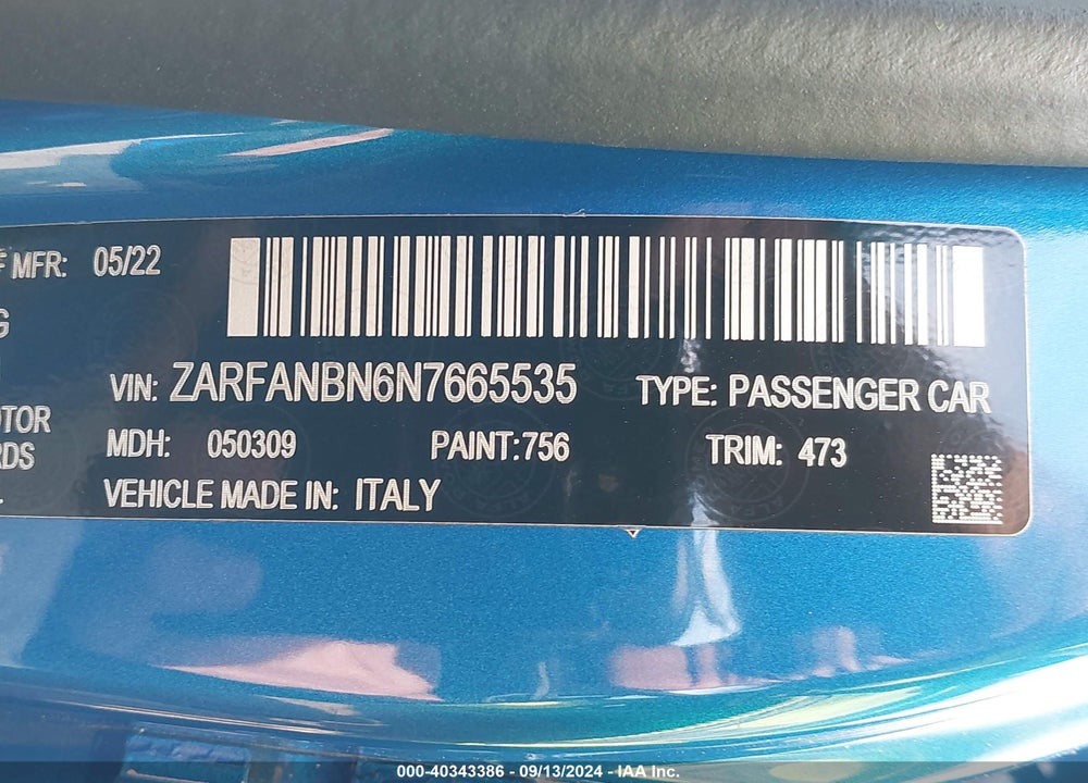 2022 ALFA ROMEO GIULIA VELOCE AWD VIN: ZARFANBN6N7665535