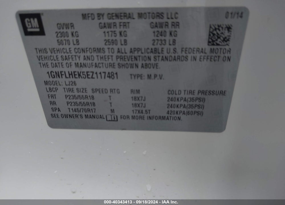 2014 CHEVROLET EQUINOX LTZ VIN: 1GNFLHEK5EZ117481