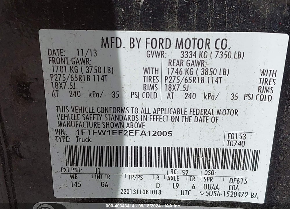 2014 FORD F-150 XLT VIN: 1FTFW1EF2EFA12005
