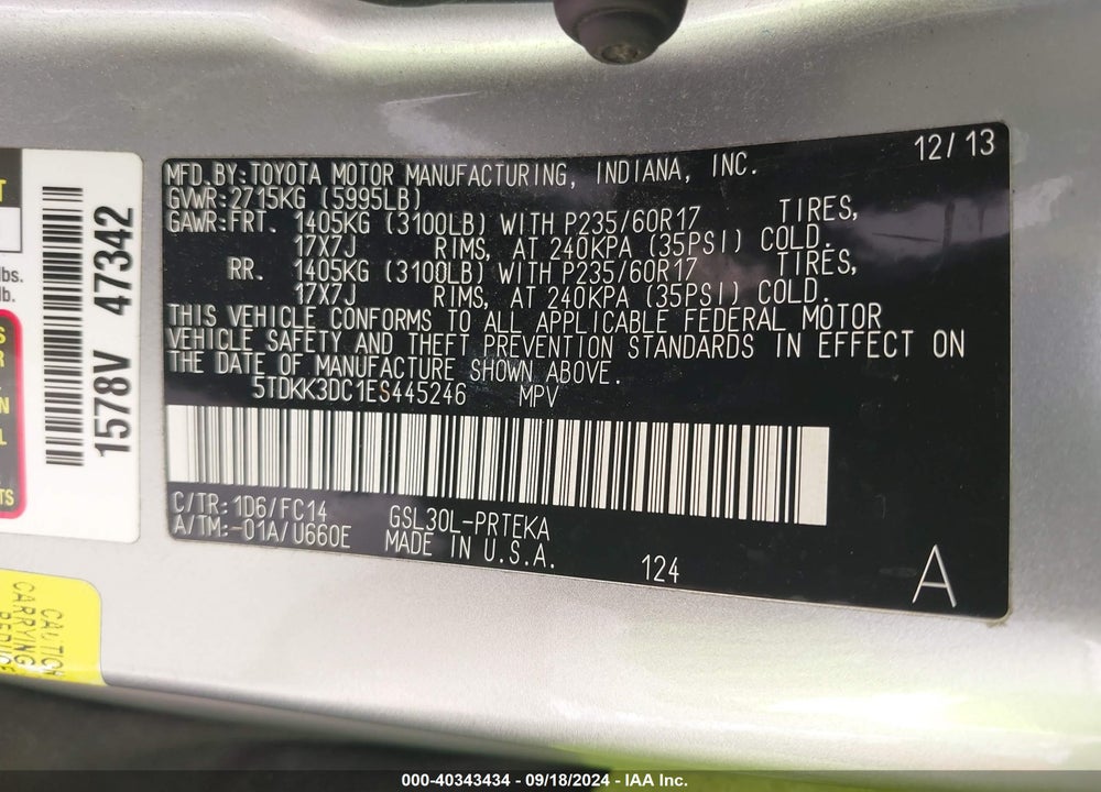 2014 TOYOTA SIENNA LE V6 8 PASSENGER VIN: 5TDKK3DC1ES445246