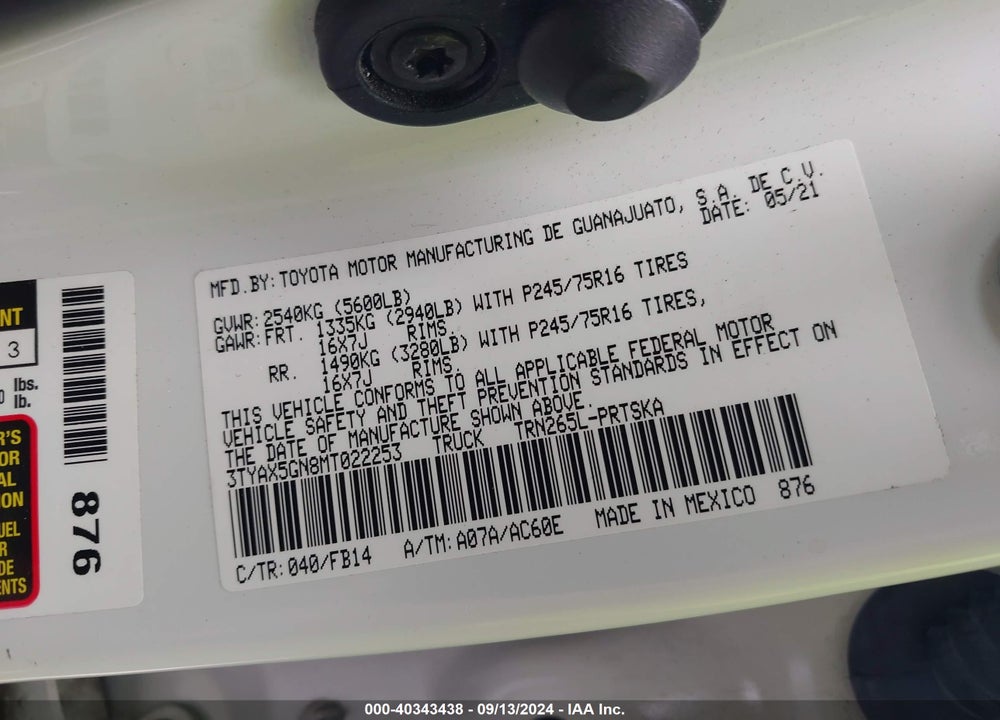 2021 TOYOTA TACOMA SR VIN: 3TYAX5GN8MT022253