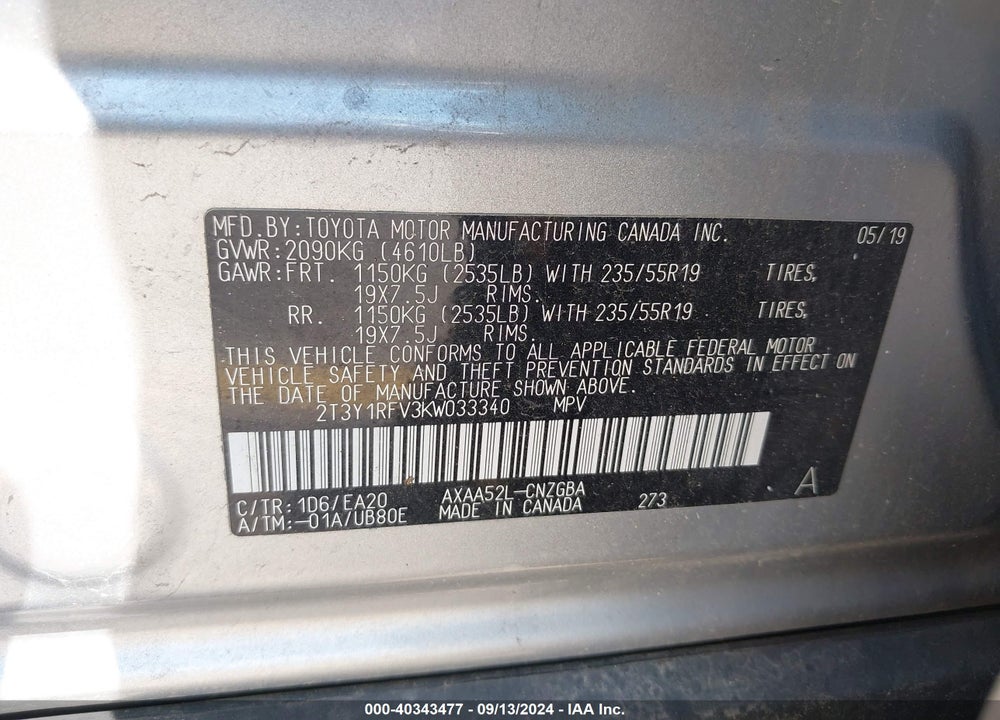 2019 TOYOTA RAV4 LIMITED VIN: 2T3Y1RFV3KW033340