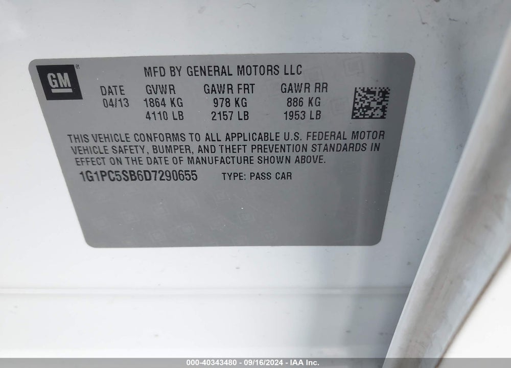 2013 CHEVROLET CRUZE 1LT AUTO VIN: 1G1PC5SB6D7290655
