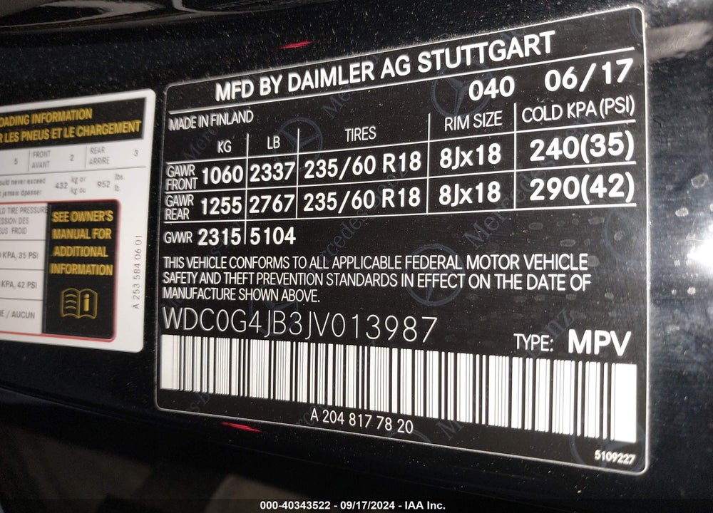 2018 MERCEDES-BENZ GLC 300 VIN: WDC0G4JB3JV013987