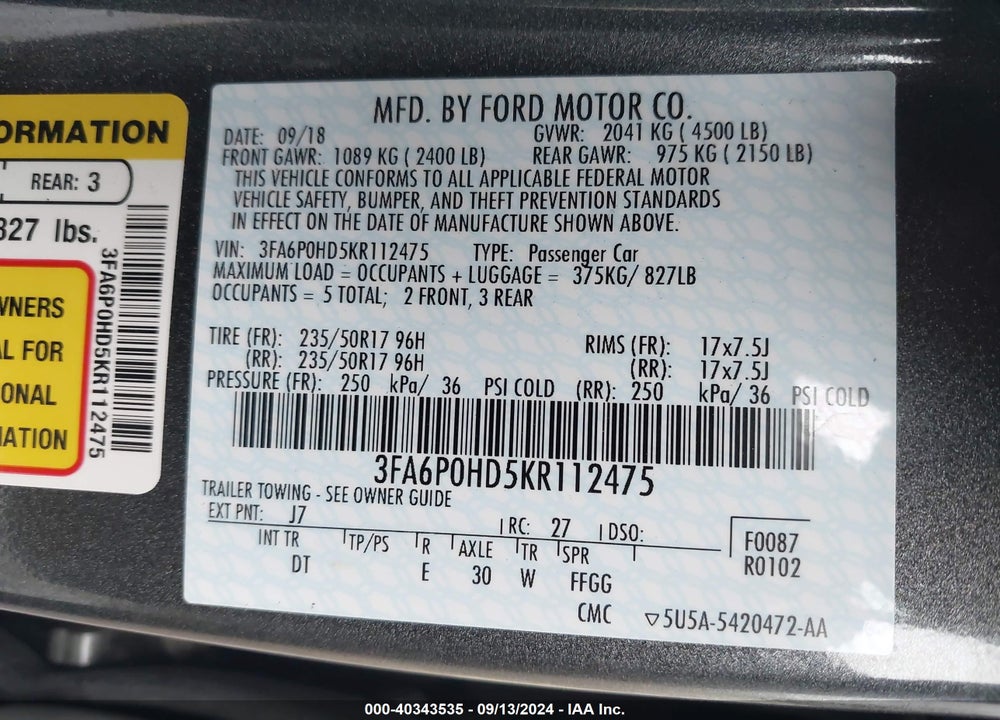 2019 FORD FUSION SE VIN: 3FA6P0HD5KR112475