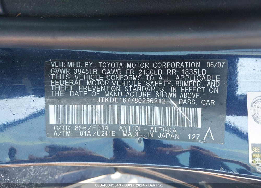 2008 SCION TC VIN: JTKDE167780236212