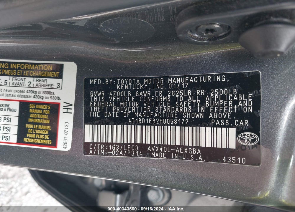 2017 TOYOTA AVALON HYBRID XLE VIN: 4T1BD1EB2HU058172
