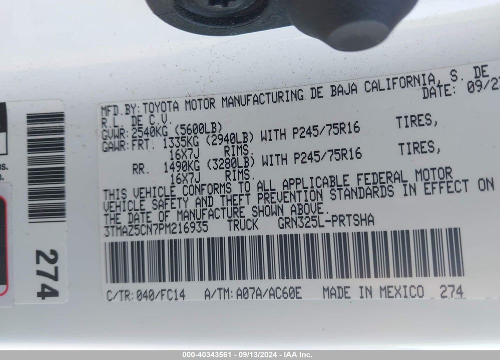 2023 TOYOTA TACOMA SR5 V6 VIN: 3TMAZ5CN7PM216935