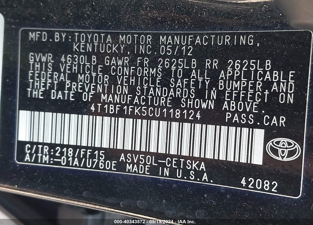 2012 TOYOTA CAMRY SE VIN: 4T1BF1FK5CU118124