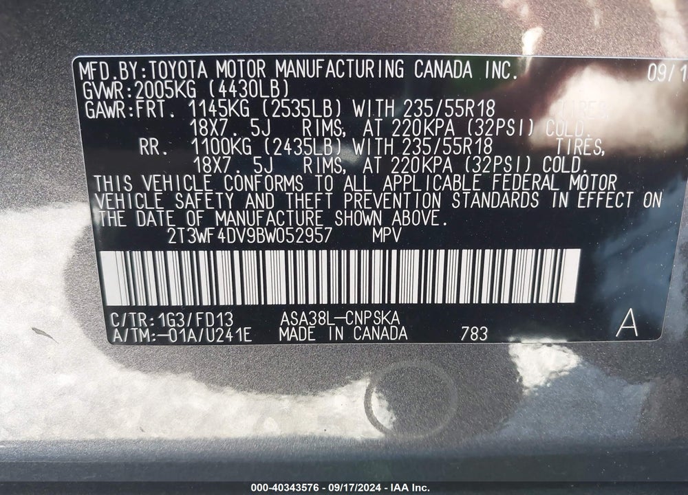 2011 TOYOTA RAV4 SPORT VIN: 2T3WF4DV9BW052957