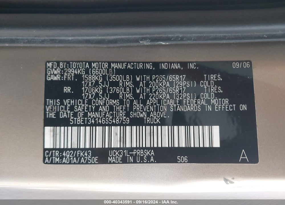 2006 TOYOTA TUNDRA SR5 V8 VIN: 5TBET34146S548759