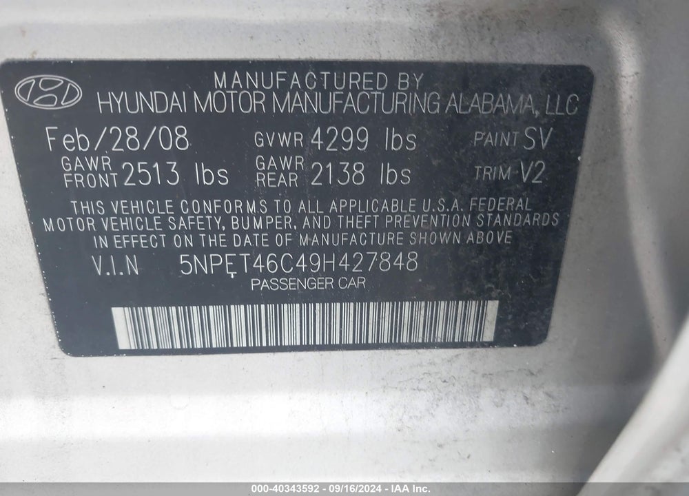 2009 HYUNDAI SONATA GLS VIN: 5NPET46C49H427848