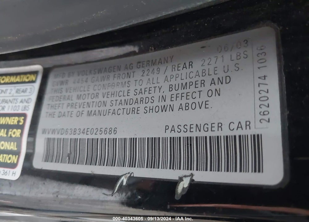 2004 VOLKSWAGEN PASSAT GLS VIN: WVWVD63B34E025686