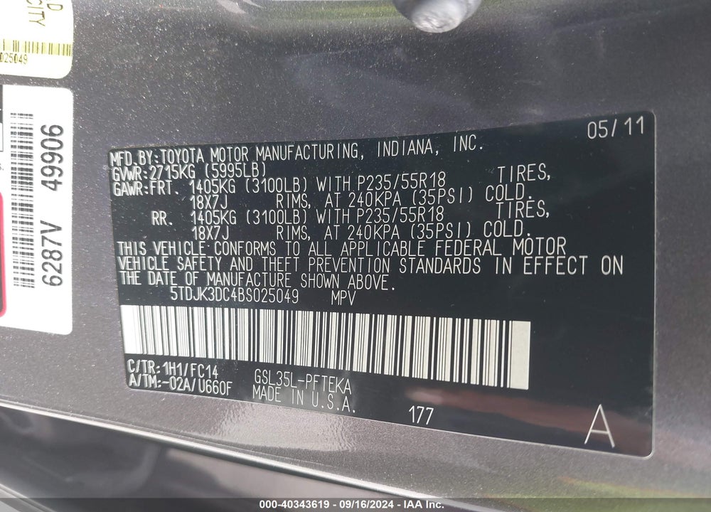 2011 TOYOTA SIENNA LE VIN: 5TDJK3DC4BS025049
