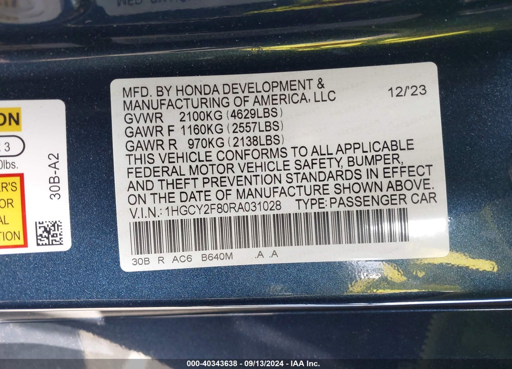 2024 HONDA ACCORD VIN: 1HGCY2F80RA031028