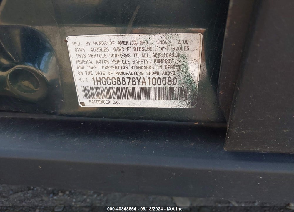 2000 HONDA ACCORD 2.3 EX VIN: 1HGCG6678YA100080