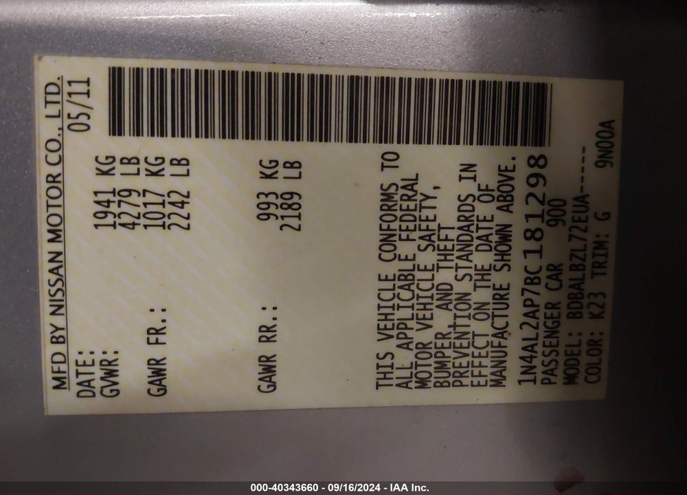2011 NISSAN ALTIMA 2.5 S VIN: 1N4AL2AP7BC181298