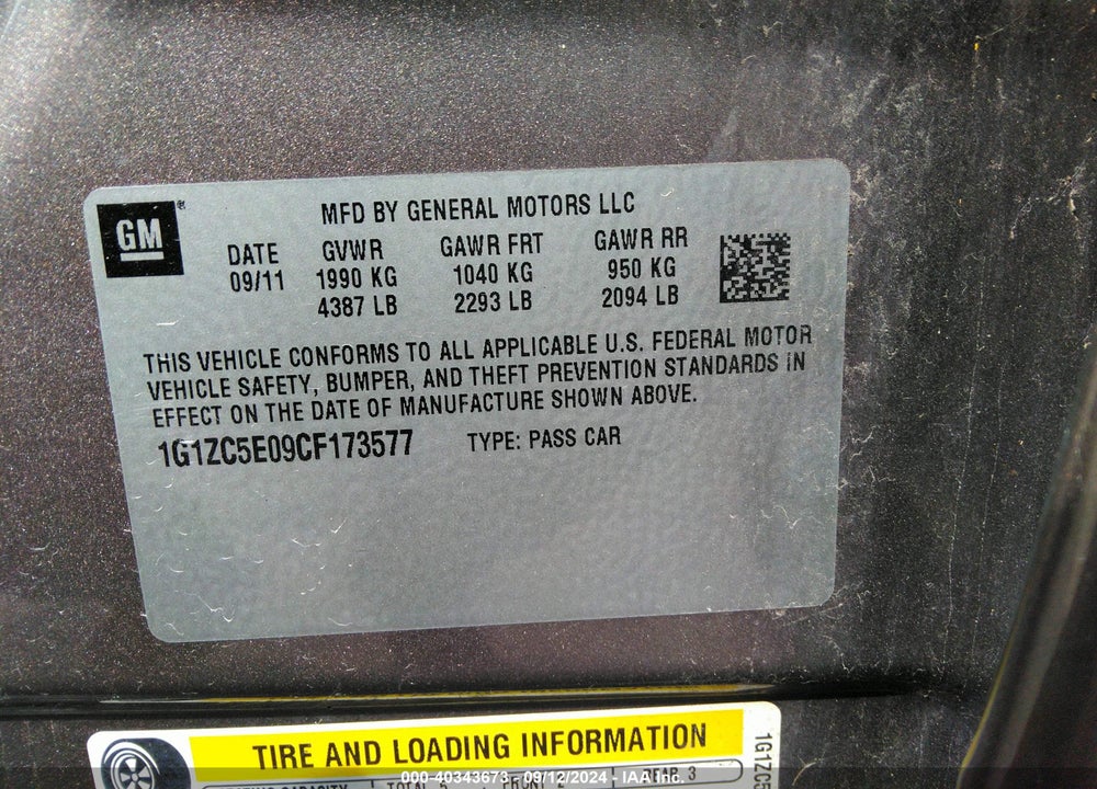 2012 CHEVROLET MALIBU 1LT VIN: 1G1ZC5E09CF173577