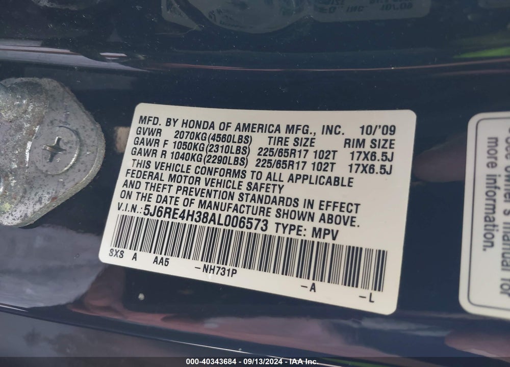 2010 HONDA CR-V LX VIN: 5J6RE4H38AL006573
