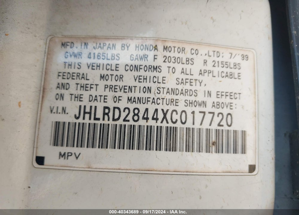 1999 HONDA CR-V LX VIN: JHLRD2844XC017720