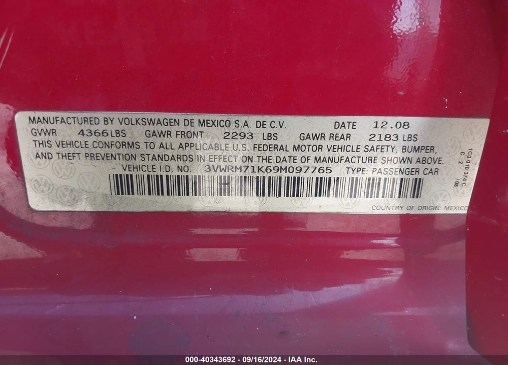 2009 VOLKSWAGEN JETTA SE VIN: 3VWRM71K69M097765