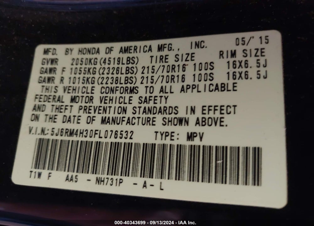 2015 HONDA CR-V LX VIN: 5J6RM4H30FL076532