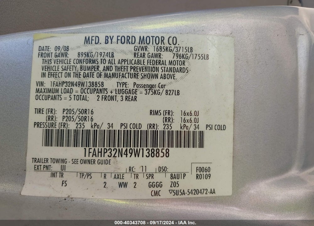2009 FORD FOCUS SE VIN: 1FAHP32N49W138858