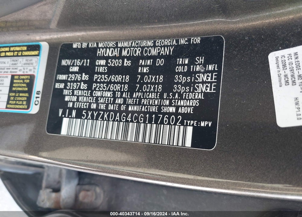 2012 HYUNDAI SANTA FE LIMITED V6 VIN: 5XYZKDAG4CG117602