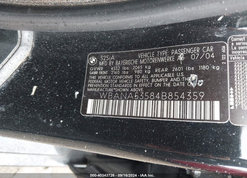 2004 BMW 525I VIN: WBANA53584B854359