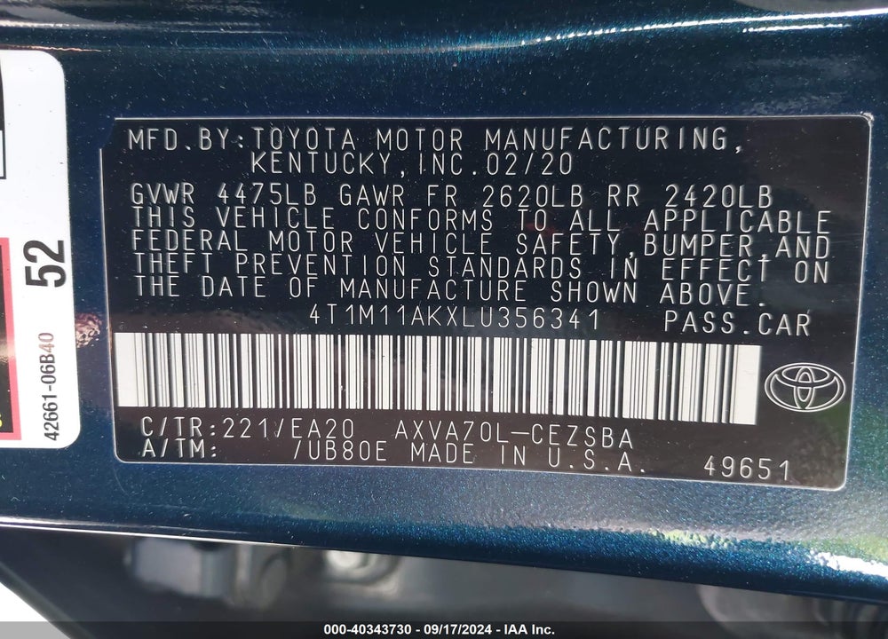 2020 TOYOTA CAMRY SE VIN: 4T1M11AKXLU356341