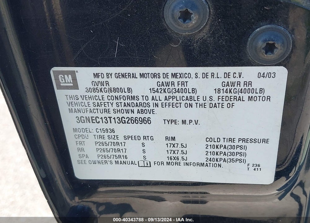 2003 CHEVROLET AVALANCHE 1500 VIN: 3GNEC13T13G266966