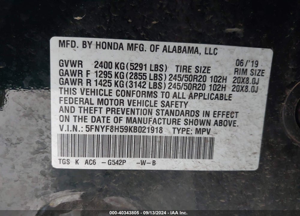 2019 HONDA PASSPORT EX-L VIN: 5FNYF8H59KB021918